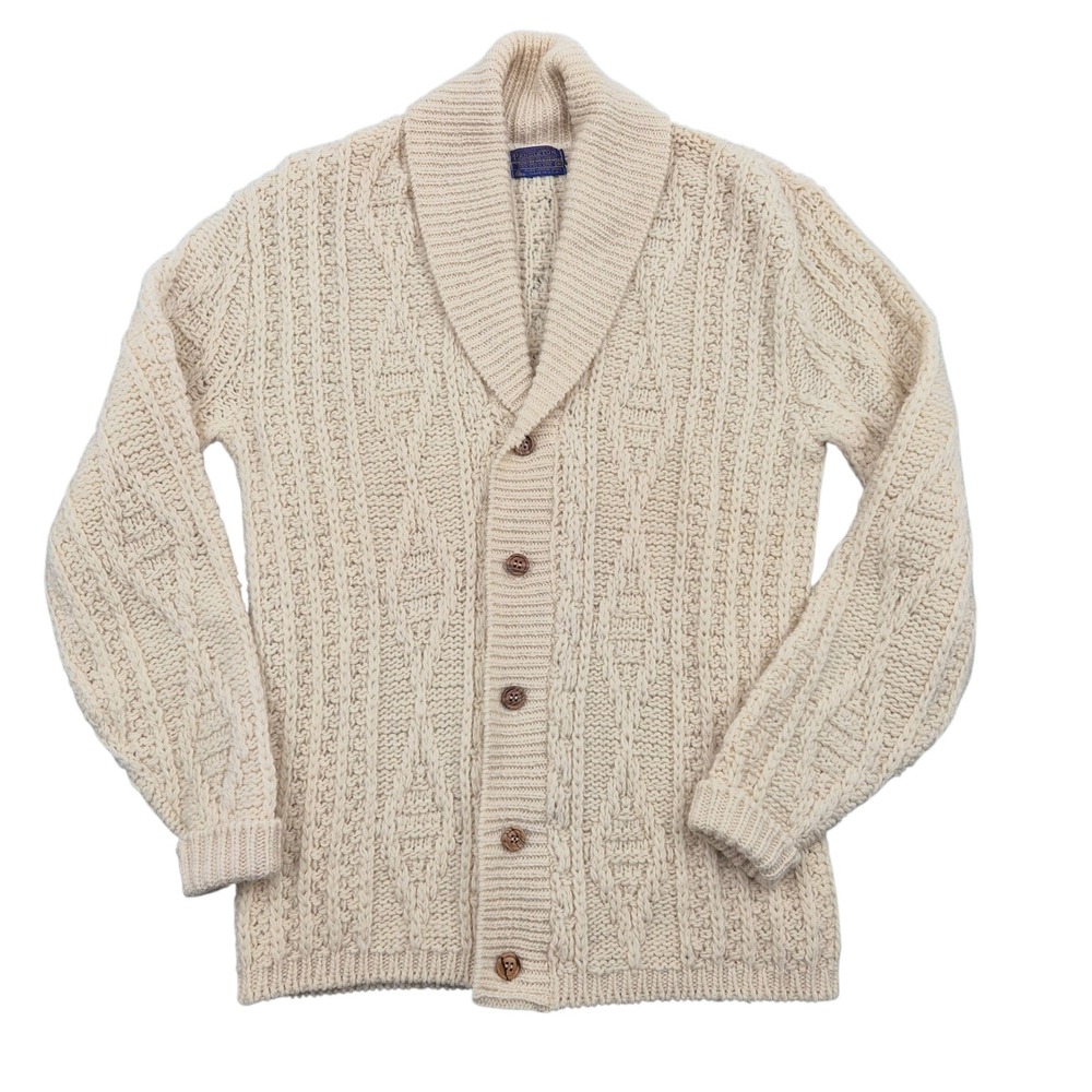Vintage 70s Pendleton Wool Cardigan Sweater Cream Shawl Collar 100% Virgin Wool